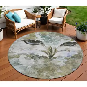 Photo of 8' Taupe Ivory And Charcoal Round Owl Washable Indoor Outdoor Area Rug