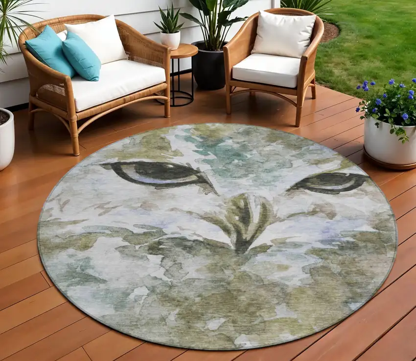 8' Taupe Ivory And Charcoal Round Owl Washable Indoor Outdoor Area Rug Photo 1
