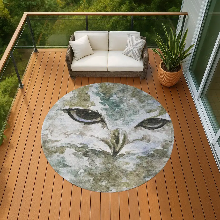 8' Taupe Ivory And Charcoal Round Owl Washable Indoor Outdoor Area Rug Photo 7
