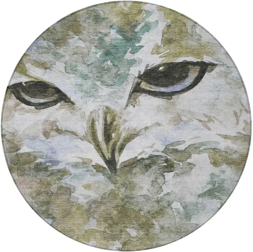 8' Taupe Ivory And Charcoal Round Owl Washable Indoor Outdoor Area Rug Photo 5