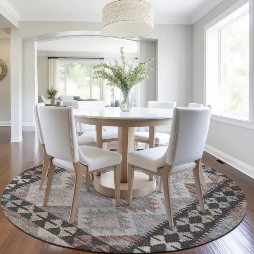 8' Taupe Ivory And Copper Round Tribal Washable Indoor Outdoor Area Rug Photo 7