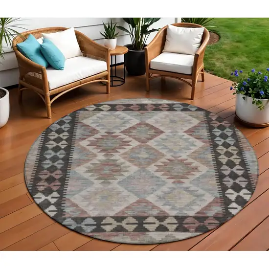 8' Taupe Ivory And Copper Round Tribal Washable Indoor Outdoor Area Rug Photo 2
