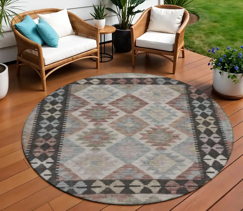8' Taupe Ivory And Copper Round Tribal Washable Indoor Outdoor Area Rug Photo 2
