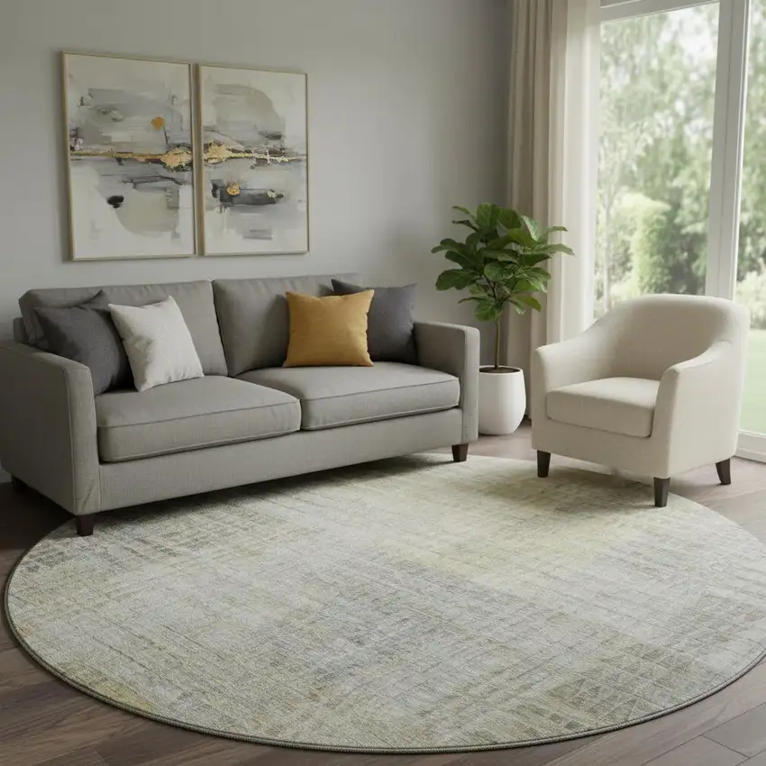 8' Taupe Ivory And Gold Abstract Geometric Washable Round Rug With UV Protection Photo 1