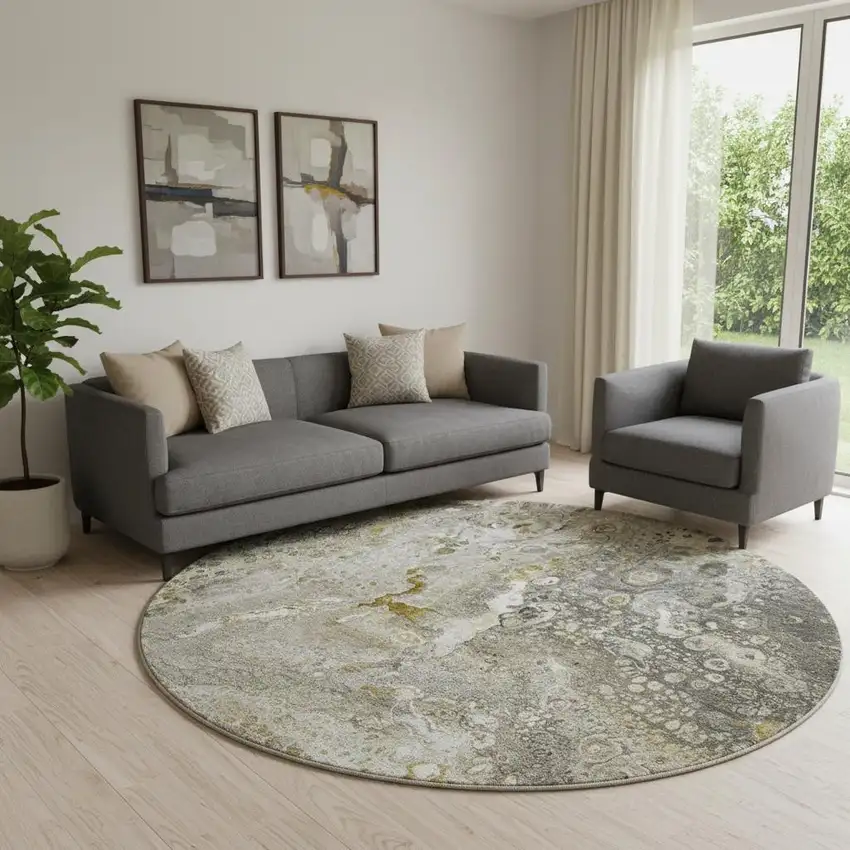 8' Taupe Ivory And Gold Abstract Washable Round Rug With UV Protection Photo 1