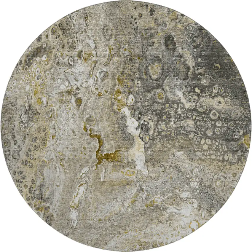 8' Taupe Ivory And Gold Abstract Washable Round Rug With UV Protection Photo 1