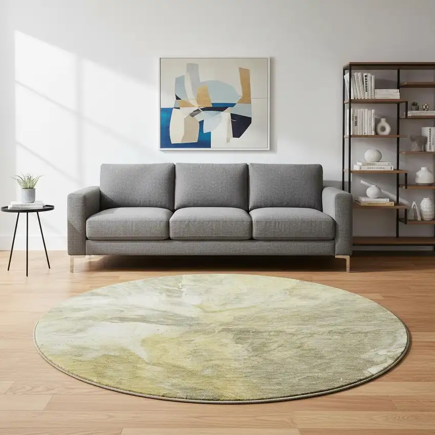 8' Taupe Ivory And Gold Abstract Washable Round Rug With UV Protection Photo 2