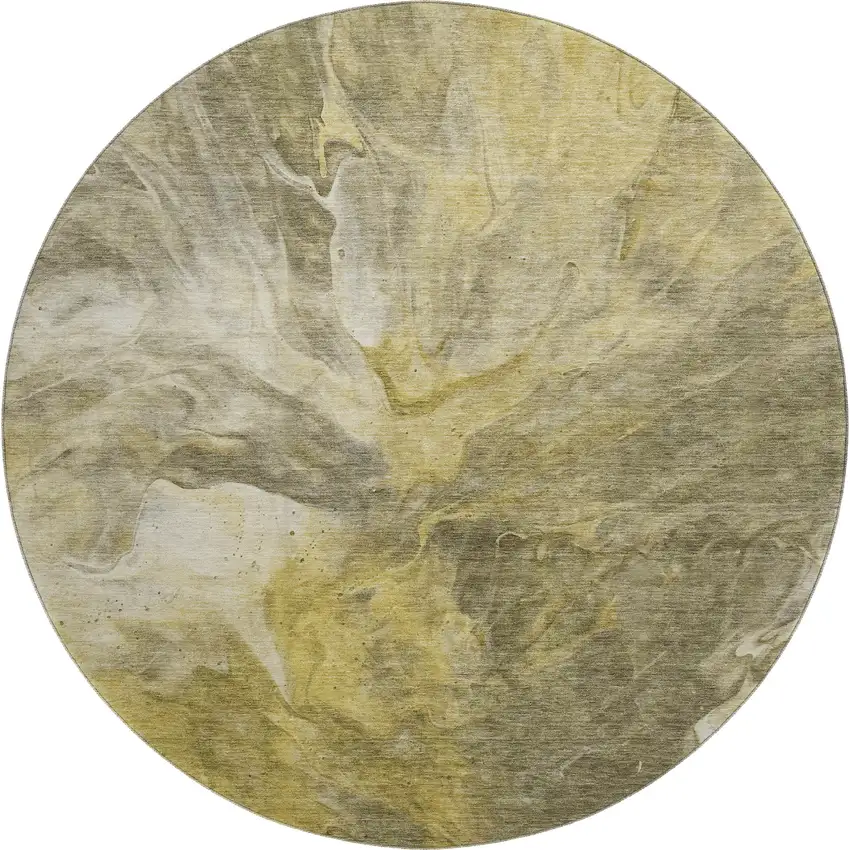 8' Taupe Ivory And Gold Abstract Washable Round Rug With UV Protection Photo 1