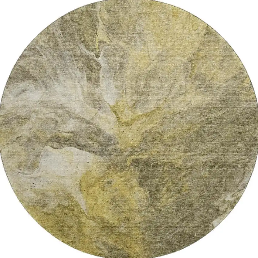 8' Taupe Ivory And Gold Abstract Washable Round Rug With UV Protection Photo 4