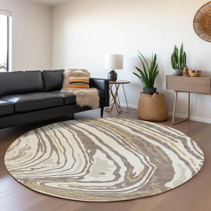 8' Taupe Ivory And Gold Abstract Washable Round Rug With UV Protection Photo 4