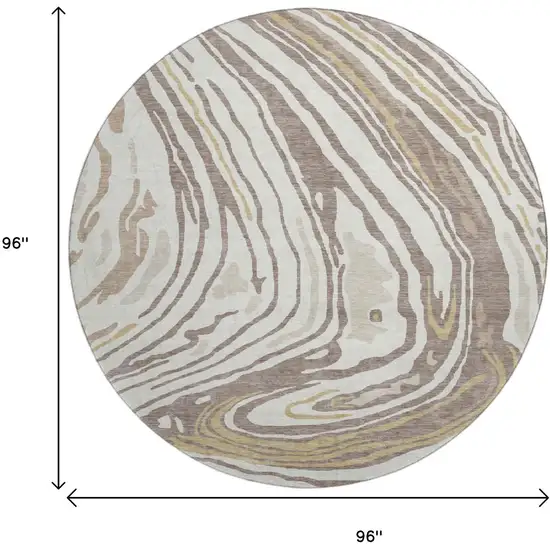 8' Taupe Ivory And Gold Abstract Washable Round Rug With UV Protection Photo 9