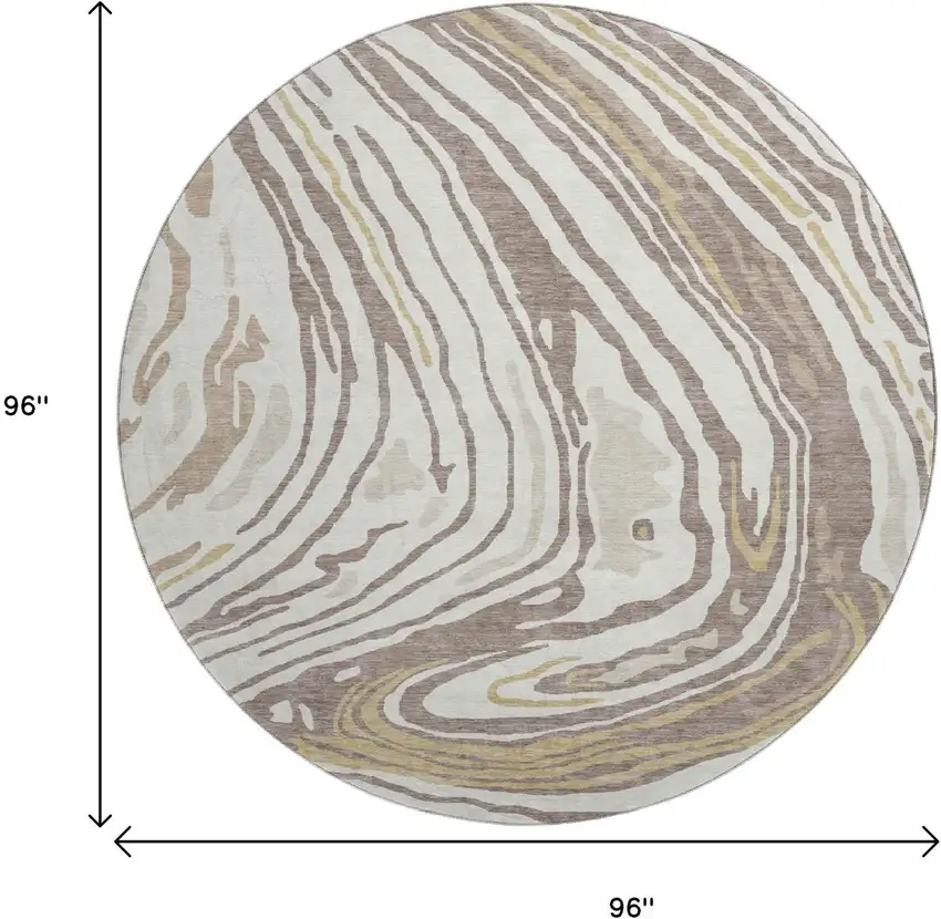8' Taupe Ivory And Gold Abstract Washable Round Rug With UV Protection Photo 9