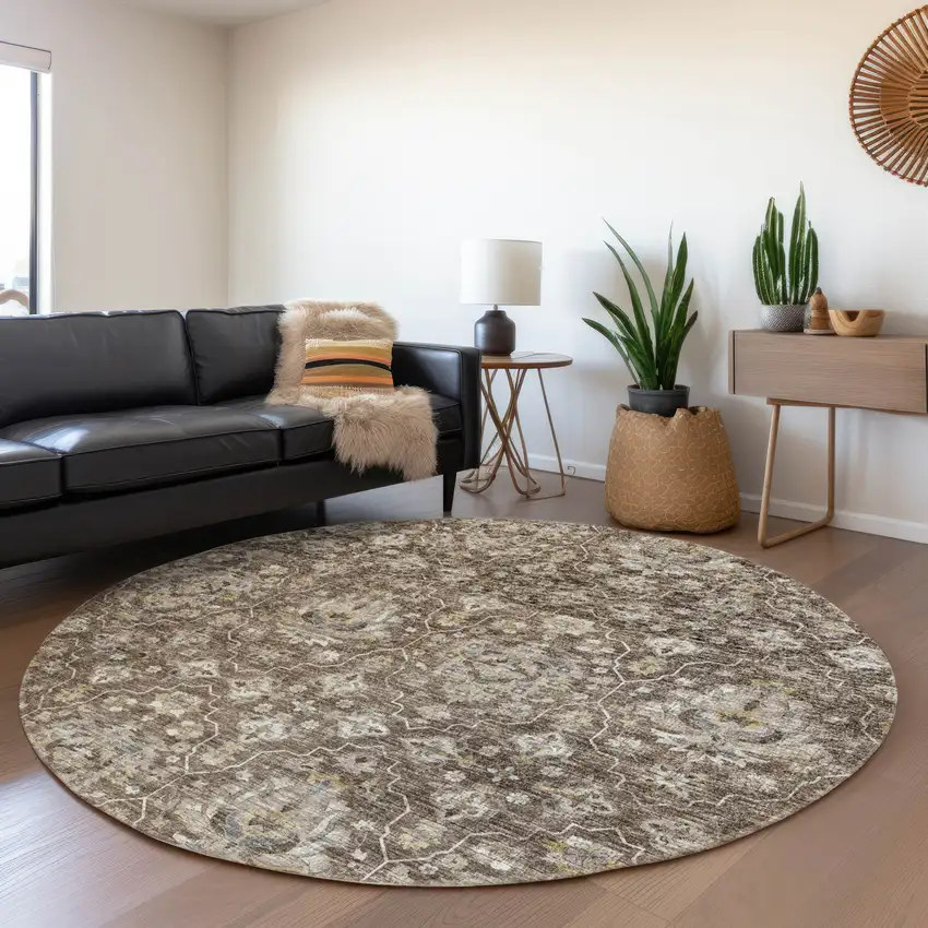 8' Taupe Ivory And Gold Floral Medallion Washable Round Rug With UV Protection Photo 6