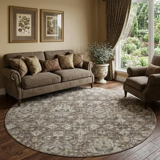 8' Taupe Ivory And Gold Floral Medallion Distressed Washable Round Rug With UV Protection Photo 1