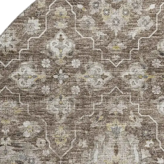 8' Taupe Ivory And Gold Floral Medallion Washable Round Rug With UV Protection Photo 4
