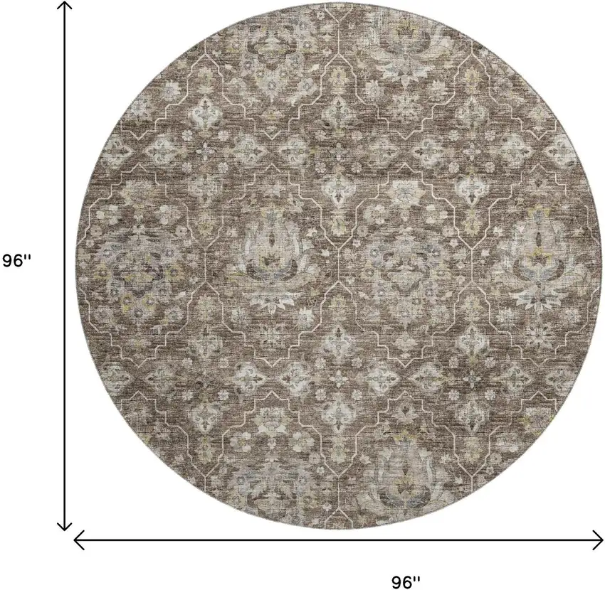 8' Taupe Ivory And Gold Floral Medallion Washable Round Rug With UV Protection Photo 3