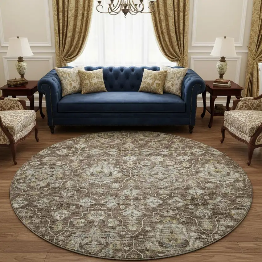 8' Taupe Ivory And Gold Floral Medallion Washable Round Rug With UV Protection Photo 1