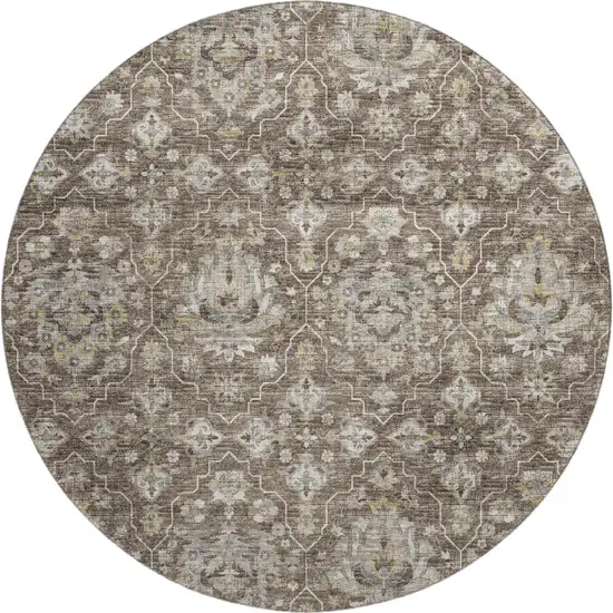 8' Taupe Ivory And Gold Floral Medallion Washable Round Rug With UV Protection Photo 2