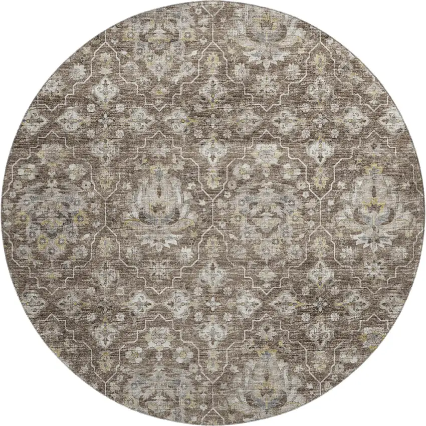 8' Taupe Ivory And Gold Floral Medallion Washable Round Rug With UV Protection Photo 2