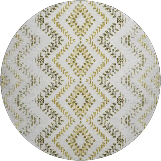 8' Taupe Ivory And Gold Geometric Washable Round Rug With UV Protection Photo 1