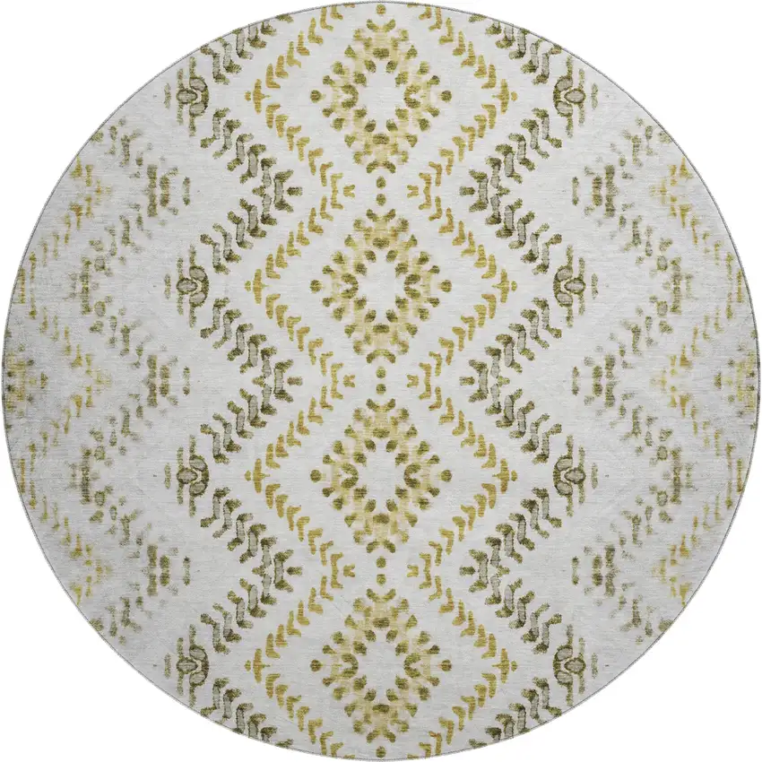 8' Taupe Ivory And Gold Geometric Washable Round Rug With UV Protection Photo 1