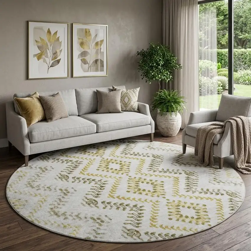 8' Taupe Ivory And Gold Geometric Washable Round Rug With UV Protection Photo 1