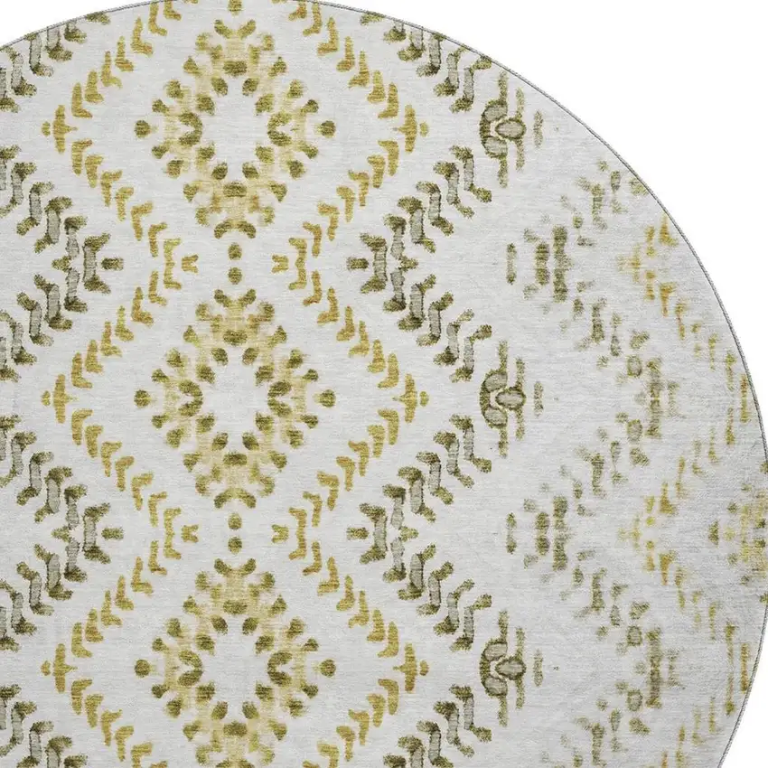8' Taupe Ivory And Gold Geometric Washable Round Rug With UV Protection Photo 4