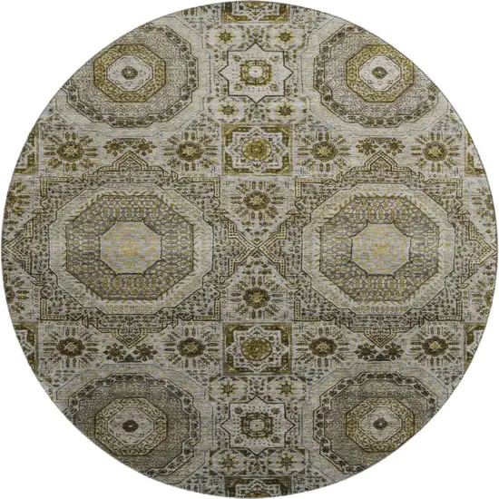 8' Taupe Ivory And Gold Medallion Washable Round Rug With UV Protection Photo 1