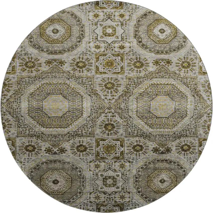 8' Taupe Ivory And Gold Medallion Washable Round Rug With UV Protection Photo 1
