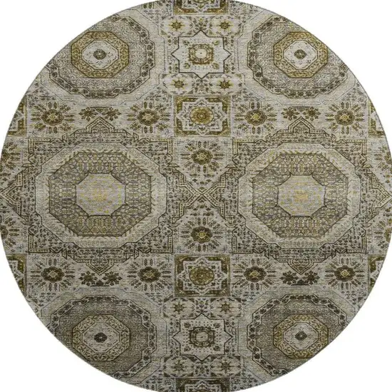8' Taupe Ivory And Gold Medallion Washable Round Rug With UV Protection Photo 3
