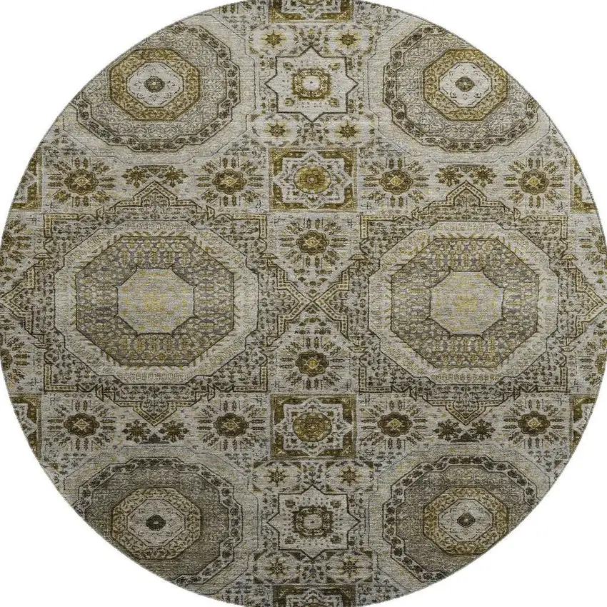 8' Taupe Ivory And Gold Medallion Washable Round Rug With UV Protection Photo 3