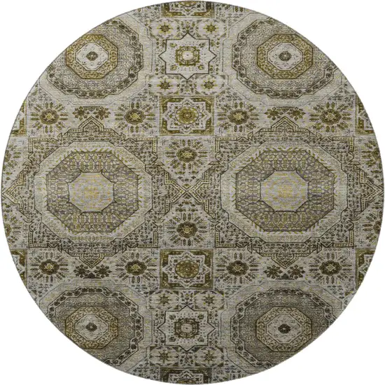 8' Taupe Ivory And Gold Medallion Washable Round Rug With UV Protection Photo 4