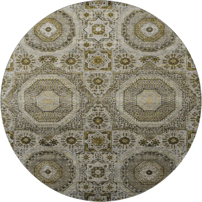 8' Taupe Ivory And Gold Medallion Washable Round Rug With UV Protection Photo 4