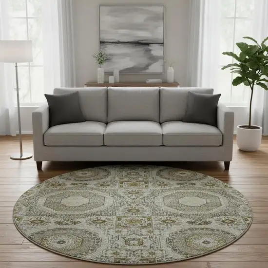 8' Taupe Ivory And Gold Medallion Washable Round Rug With UV Protection Photo 2