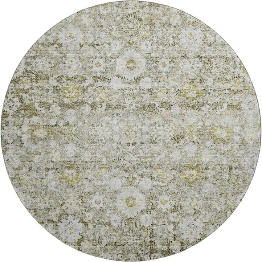 8' Taupe Ivory And Gold Oriental Washable Round Rug With UV Protection Photo 1