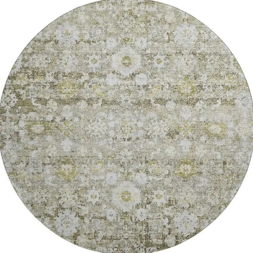 8' Taupe Ivory And Gold Oriental Washable Round Rug With UV Protection Photo 4
