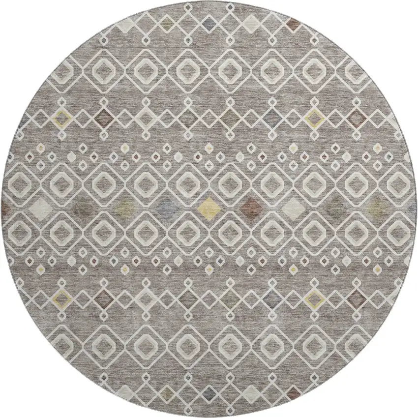 8' Taupe Ivory And Gold Southwestern Washable Round Rug With UV Protection Photo 1