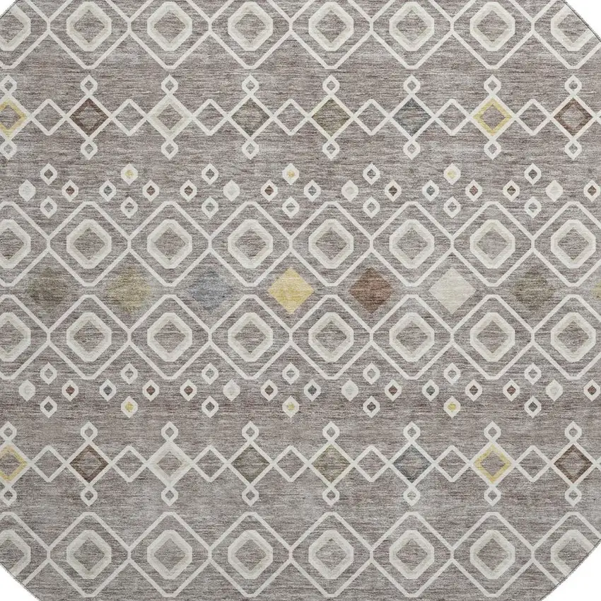 8' Taupe Ivory And Gold Southwestern Washable Round Rug With UV Protection Photo 2