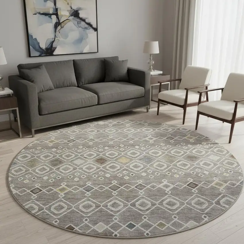 8' Taupe Ivory And Gold Southwestern Washable Round Rug With UV Protection Photo 2