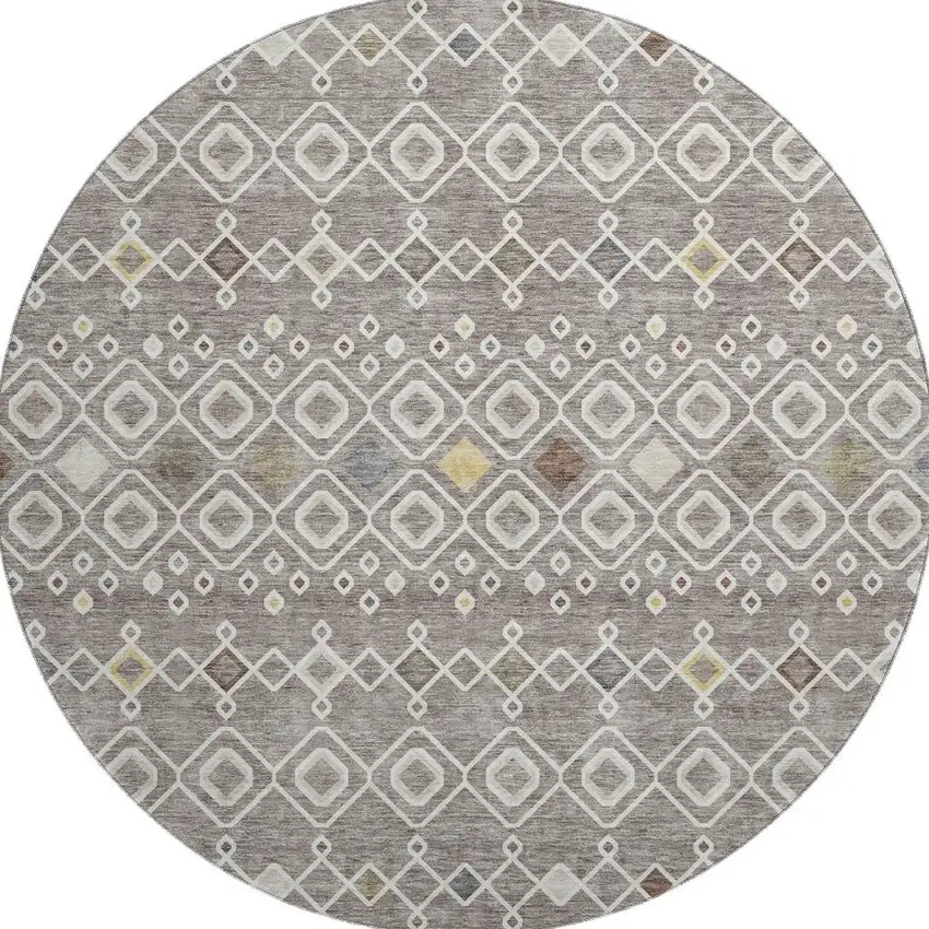 8' Taupe Ivory And Gold Southwestern Washable Round Rug With UV Protection Photo 3