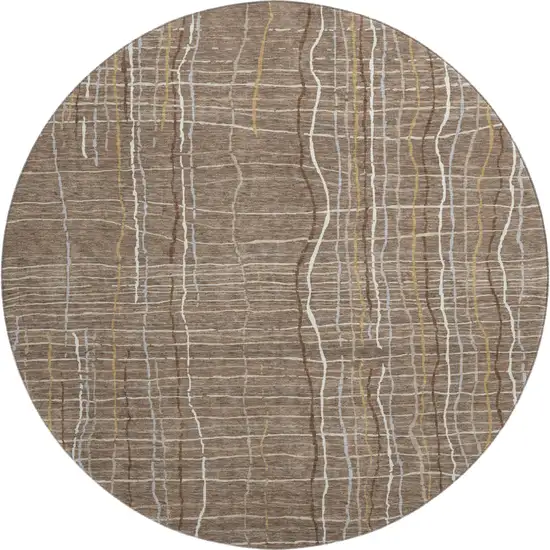 8' Taupe Ivory And Gold Striped Washable Round Rug With UV Protection Photo 1