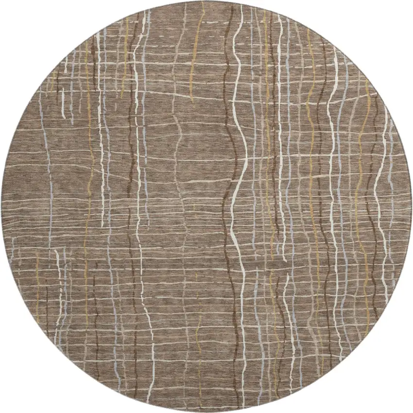 8' Taupe Ivory And Gold Striped Washable Round Rug With UV Protection Photo 1