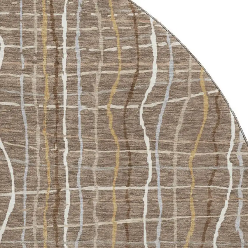 8' Taupe Ivory And Gold Striped Washable Round Rug With UV Protection Photo 2