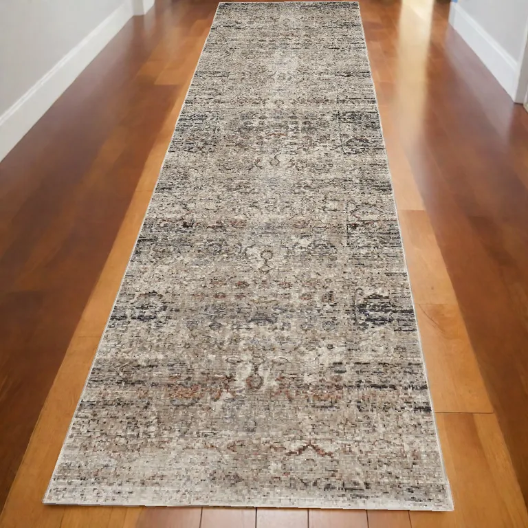 10' Taupe Ivory And Gray Abstract Distressed Runner Rug With Fringe Photo 4