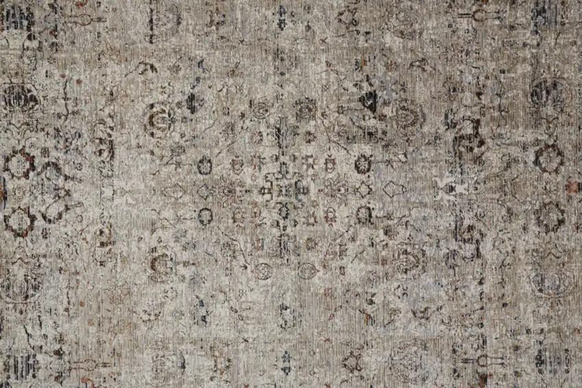 12' Taupe Ivory And Gray Abstract Distressed Runner Rug With Fringe Photo 3