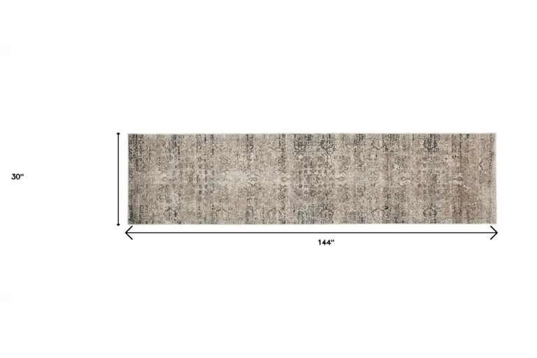 12' Taupe Ivory And Gray Abstract Distressed Runner Rug With Fringe Photo 4