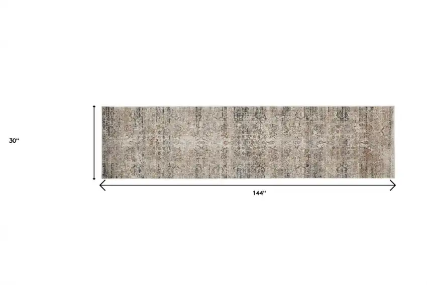 12' Taupe Ivory And Gray Abstract Distressed Runner Rug With Fringe Photo 4
