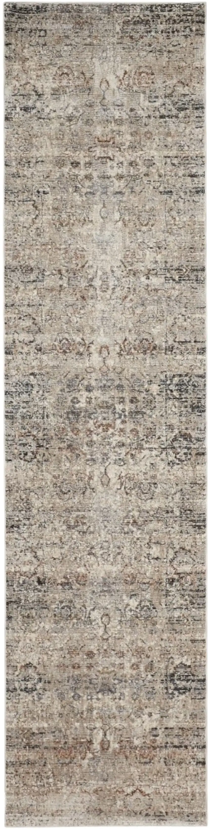 12' Taupe Ivory And Gray Abstract Distressed Runner Rug With Fringe Photo 1
