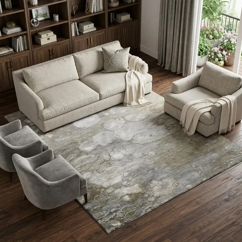 8' Taupe Ivory And Gray Abstract Washable Area Rug With UV Protection Photo 1