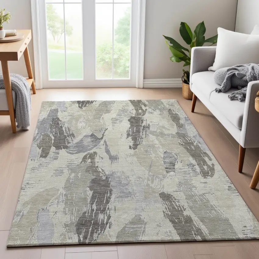 8' Taupe Ivory And Gray Abstract Washable Area Rug With UV Protection Photo 5